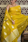Shubh Lakshmi 2.0 ~ Handloom Pure Silk Kora Saree in Marigold Yellow (Silk Mark Certified) - verymuchindian.com