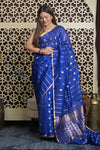 Shubh Lakshmi 2.0 ~ Handloom Pure Silk Kora Saree in Sapphire Blue (Silk Mark Certified) - verymuchindian.com