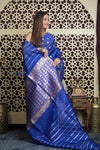 Shubh Lakshmi 2.0 ~ Handloom Pure Silk Kora Saree in Sapphire Blue (Silk Mark Certified) - verymuchindian.com