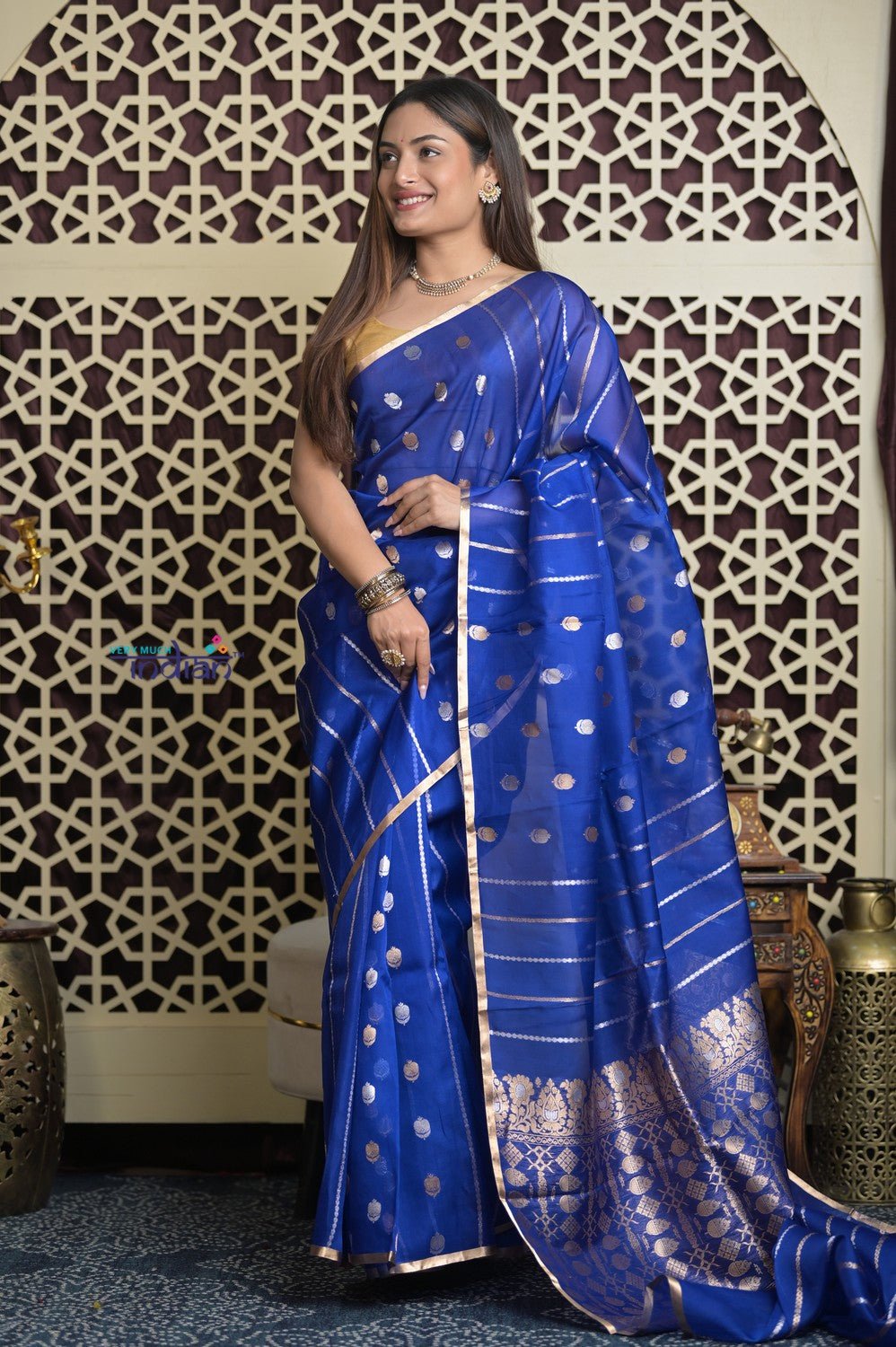 Shubh Lakshmi 2.0 ~ Handloom Pure Silk Kora Saree in Sapphire Blue (Silk Mark Certified) - verymuchindian.com