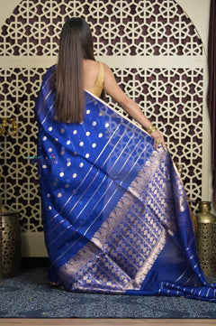 Shubh Lakshmi 2.0 ~ Handloom Pure Silk Kora Saree in Sapphire Blue (Silk Mark Certified) - verymuchindian.com