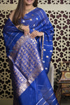 Shubh Lakshmi 2.0 ~ Handloom Pure Silk Kora Saree in Sapphire Blue (Silk Mark Certified) - verymuchindian.com