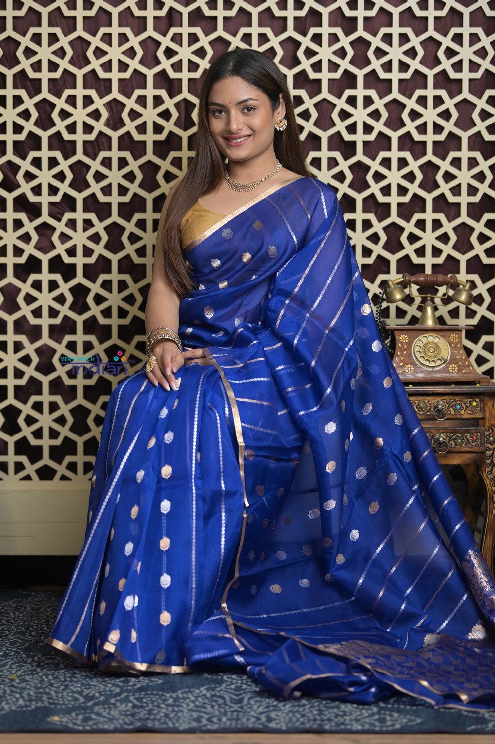 Shubh Lakshmi 2.0 ~ Handloom Pure Silk Kora Saree in Sapphire Blue (Silk Mark Certified) - verymuchindian.com