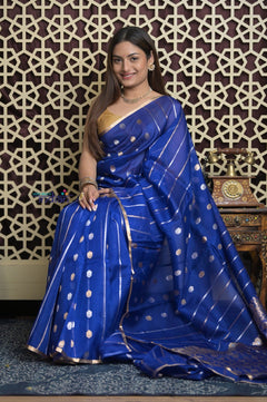 Shubh Lakshmi 2.0 ~ Handloom Pure Silk Kora Saree in Sapphire Blue (Silk Mark Certified) - verymuchindian.com