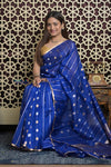 Shubh Lakshmi 2.0 ~ Handloom Pure Silk Kora Saree in Sapphire Blue (Silk Mark Certified) - verymuchindian.com
