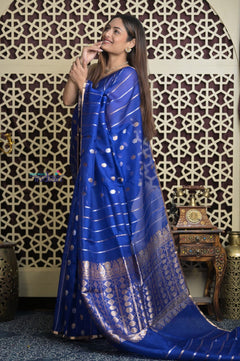 Shubh Lakshmi 2.0 ~ Handloom Pure Silk Kora Saree in Sapphire Blue (Silk Mark Certified) - verymuchindian.com