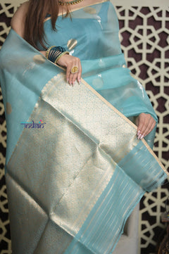 Shubh Lakshmi 2.0 ~ Handloom Pure Silk Kora Saree in Sky Blue (Silk Mark Certified) - verymuchindian.com