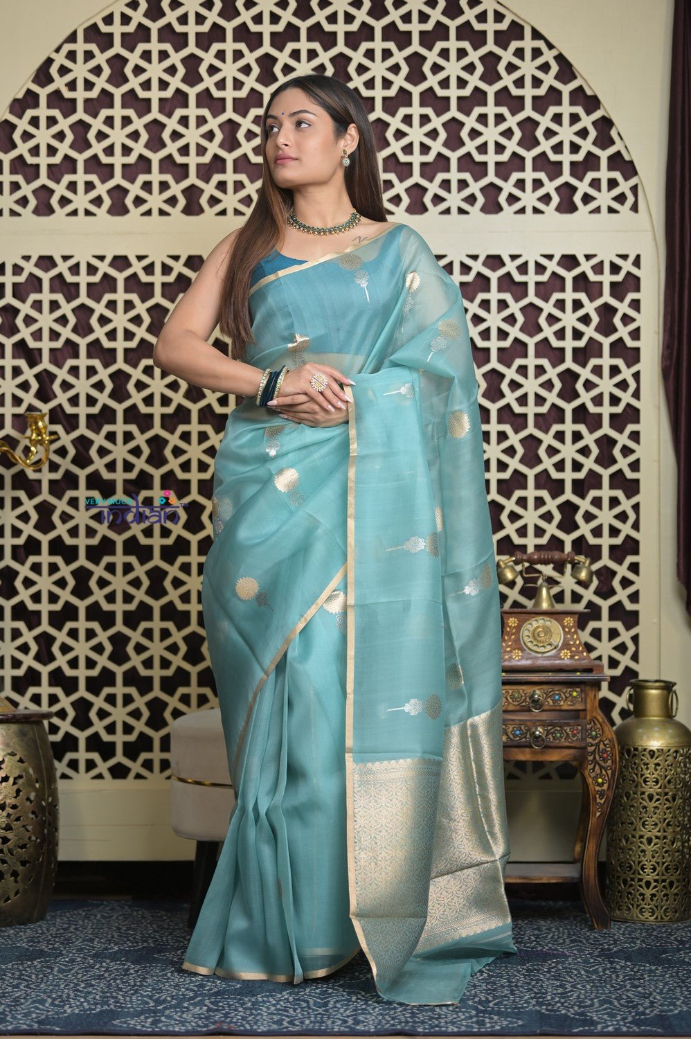 Shubh Lakshmi 2.0 ~ Handloom Pure Silk Kora Saree in Sky Blue (Silk Mark Certified) - verymuchindian.com