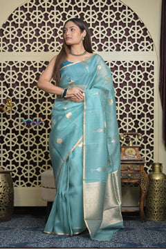 Shubh Lakshmi 2.0 ~ Handloom Pure Silk Kora Saree in Sky Blue (Silk Mark Certified) - verymuchindian.com
