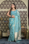 Shubh Lakshmi 2.0 ~ Handloom Pure Silk Kora Saree in Sky Blue (Silk Mark Certified) - verymuchindian.com