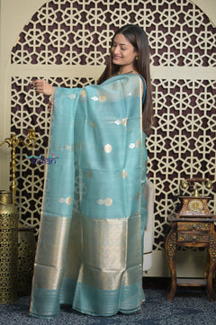 Shubh Lakshmi 2.0 ~ Handloom Pure Silk Kora Saree in Sky Blue (Silk Mark Certified) - verymuchindian.com