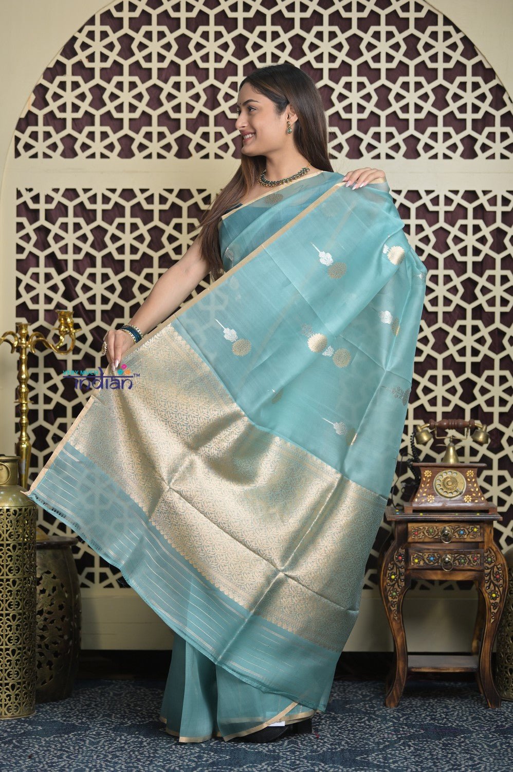 Shubh Lakshmi 2.0 ~ Handloom Pure Silk Kora Saree in Sky Blue (Silk Mark Certified) - verymuchindian.com