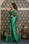 Shubh Lakshmi 2.0 ~ Handloom Pure Silk Kora Saree with Embroidery in Fine Green (Silk Mark Certified) - verymuchindian.com