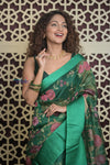 Shubh Lakshmi 2.0 ~ Handloom Pure Silk Kora Saree with Embroidery in Fine Green (Silk Mark Certified) - verymuchindian.com