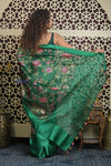 Shubh Lakshmi 2.0 ~ Handloom Pure Silk Kora Saree with Embroidery in Fine Green (Silk Mark Certified) - verymuchindian.com