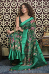 Shubh Lakshmi 2.0 ~ Handloom Pure Silk Kora Saree with Embroidery in Fine Green (Silk Mark Certified) - verymuchindian.com