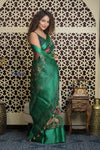 Shubh Lakshmi 2.0 ~ Handloom Pure Silk Kora Saree with Embroidery in Fine Green (Silk Mark Certified) - verymuchindian.com