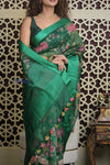 Shubh Lakshmi 2.0 ~ Handloom Pure Silk Kora Saree with Embroidery in Fine Green (Silk Mark Certified) - verymuchindian.com