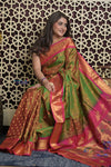 Shubh Lakshmi 2.0 ~ Handloom Pure Silk Maharani Paithani with Maharani Pallu in Dual Tone Green Pink - verymuchindian.com