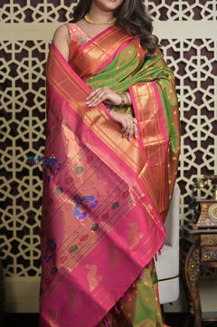 Shubh Lakshmi 2.0 ~ Handloom Pure Silk Maharani Paithani with Maharani Pallu in Dual Tone Green Pink - verymuchindian.com
