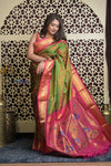 Shubh Lakshmi 2.0 ~ Handloom Pure Silk Maharani Paithani with Maharani Pallu in Dual Tone Green Pink - verymuchindian.com