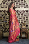 Shubh Lakshmi 2.0 ~ Handloom Pure Silk Maharani Paithani with Maharani Pallu in Dual Tone Green Pink - verymuchindian.com