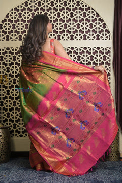 Shubh Lakshmi 2.0 ~ Handloom Pure Silk Maharani Paithani with Maharani Pallu in Dual Tone Green Pink - verymuchindian.com