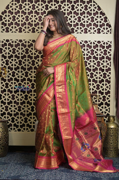 Shubh Lakshmi 2.0 ~ Handloom Pure Silk Maharani Paithani with Maharani Pallu in Dual Tone Green Pink - verymuchindian.com