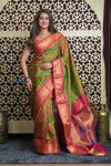 Shubh Lakshmi 2.0 ~ Handloom Pure Silk Maharani Paithani with Maharani Pallu in Dual Tone Green Pink - verymuchindian.com