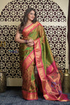 Shubh Lakshmi 2.0 ~ Handloom Pure Silk Maharani Paithani with Maharani Pallu in Dual Tone Green Pink - verymuchindian.com