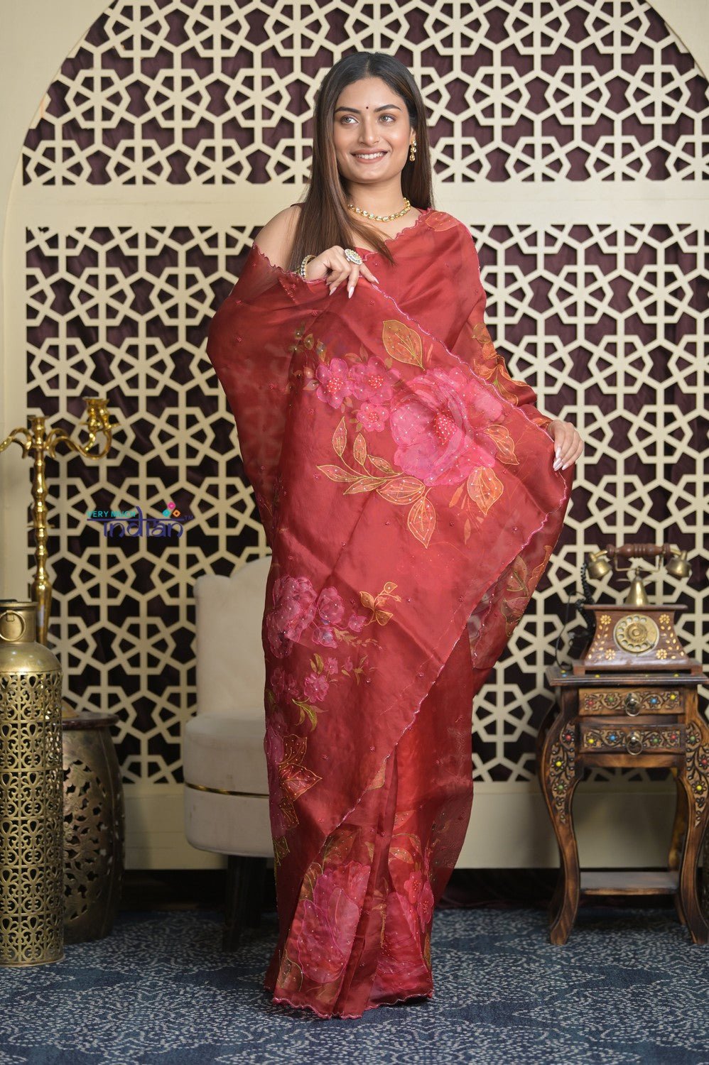 Shubh Lakshmi 2.0 ~ Handloom Pure Silk Organza Saree with Cutwork Border in Tulip Red (Silk Mark Certified) - verymuchindian.com