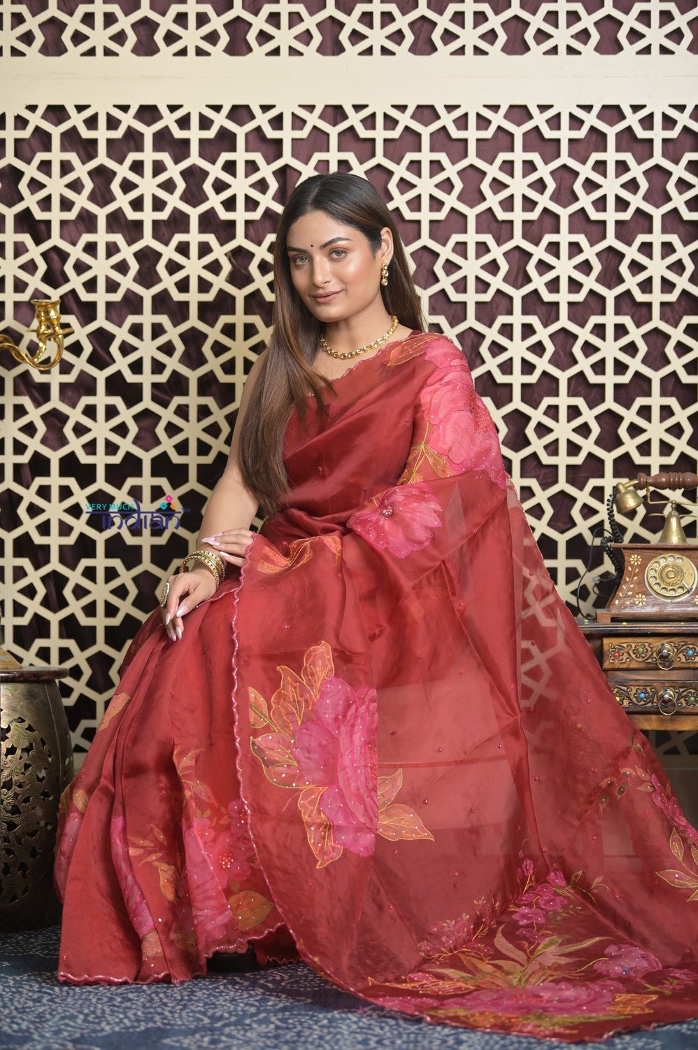 Shubh Lakshmi 2.0 ~ Handloom Pure Silk Organza Saree with Cutwork Border in Tulip Red (Silk Mark Certified) - verymuchindian.com