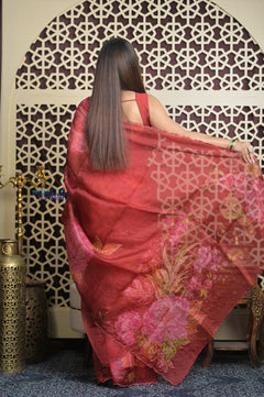 Shubh Lakshmi 2.0 ~ Handloom Pure Silk Organza Saree with Cutwork Border in Tulip Red (Silk Mark Certified) - verymuchindian.com