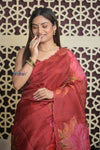 Shubh Lakshmi 2.0 ~ Handloom Pure Silk Organza Saree with Cutwork Border in Tulip Red (Silk Mark Certified) - verymuchindian.com