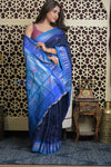 Shubh Lakshmi 2.0 ~ Handloom Pure Silk Paithani with All Over Hand Bandhani in Marine Blue with Peacock Pallu - verymuchindian.com