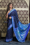 Shubh Lakshmi 2.0 ~ Handloom Pure Silk Paithani with All Over Hand Bandhani in Marine Blue with Peacock Pallu - verymuchindian.com