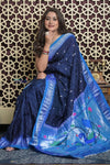 Shubh Lakshmi 2.0 ~ Handloom Pure Silk Paithani with All Over Hand Bandhani in Marine Blue with Peacock Pallu - verymuchindian.com