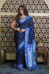 Shubh Lakshmi 2.0 ~ Handloom Pure Silk Paithani with All Over Hand Bandhani in Marine Blue with Peacock Pallu - verymuchindian.com