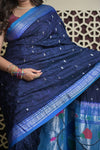 Shubh Lakshmi 2.0 ~ Handloom Pure Silk Paithani with All Over Hand Bandhani in Marine Blue with Peacock Pallu - verymuchindian.com