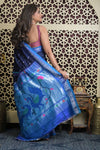 Shubh Lakshmi 2.0 ~ Handloom Pure Silk Paithani with All Over Hand Bandhani in Marine Blue with Peacock Pallu - verymuchindian.com