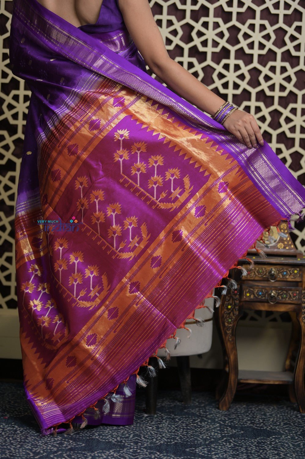 Shubh Lakshmi 2.0 ~ Handloom Pure Silk Paithani with All Over Hand Bandhani in Purple with Asawali Pallu - verymuchindian.com