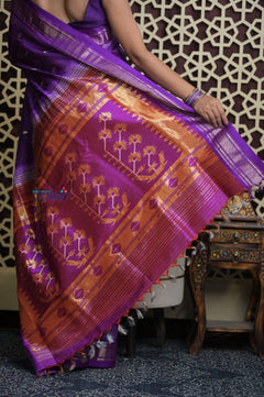 Shubh Lakshmi 2.0 ~ Handloom Pure Silk Paithani with All Over Hand Bandhani in Purple with Asawali Pallu - verymuchindian.com
