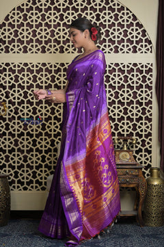 Shubh Lakshmi 2.0 ~ Handloom Pure Silk Paithani with All Over Hand Bandhani in Purple with Asawali Pallu - verymuchindian.com