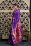 Shubh Lakshmi 2.0 ~ Handloom Pure Silk Paithani with All Over Hand Bandhani in Purple with Asawali Pallu - verymuchindian.com