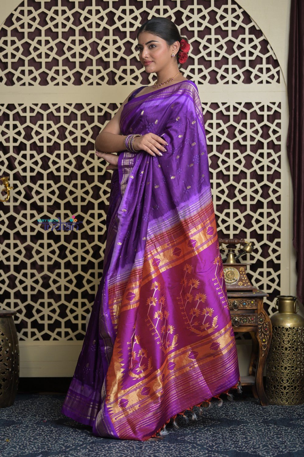 Shubh Lakshmi 2.0 ~ Handloom Pure Silk Paithani with All Over Hand Bandhani in Purple with Asawali Pallu - verymuchindian.com