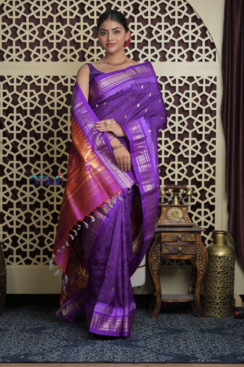 Shubh Lakshmi 2.0 ~ Handloom Pure Silk Paithani with All Over Hand Bandhani in Purple with Asawali Pallu - verymuchindian.com