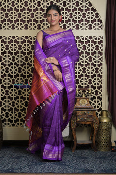 Shubh Lakshmi 2.0 ~ Handloom Pure Silk Paithani with All Over Hand Bandhani in Purple with Asawali Pallu - verymuchindian.com