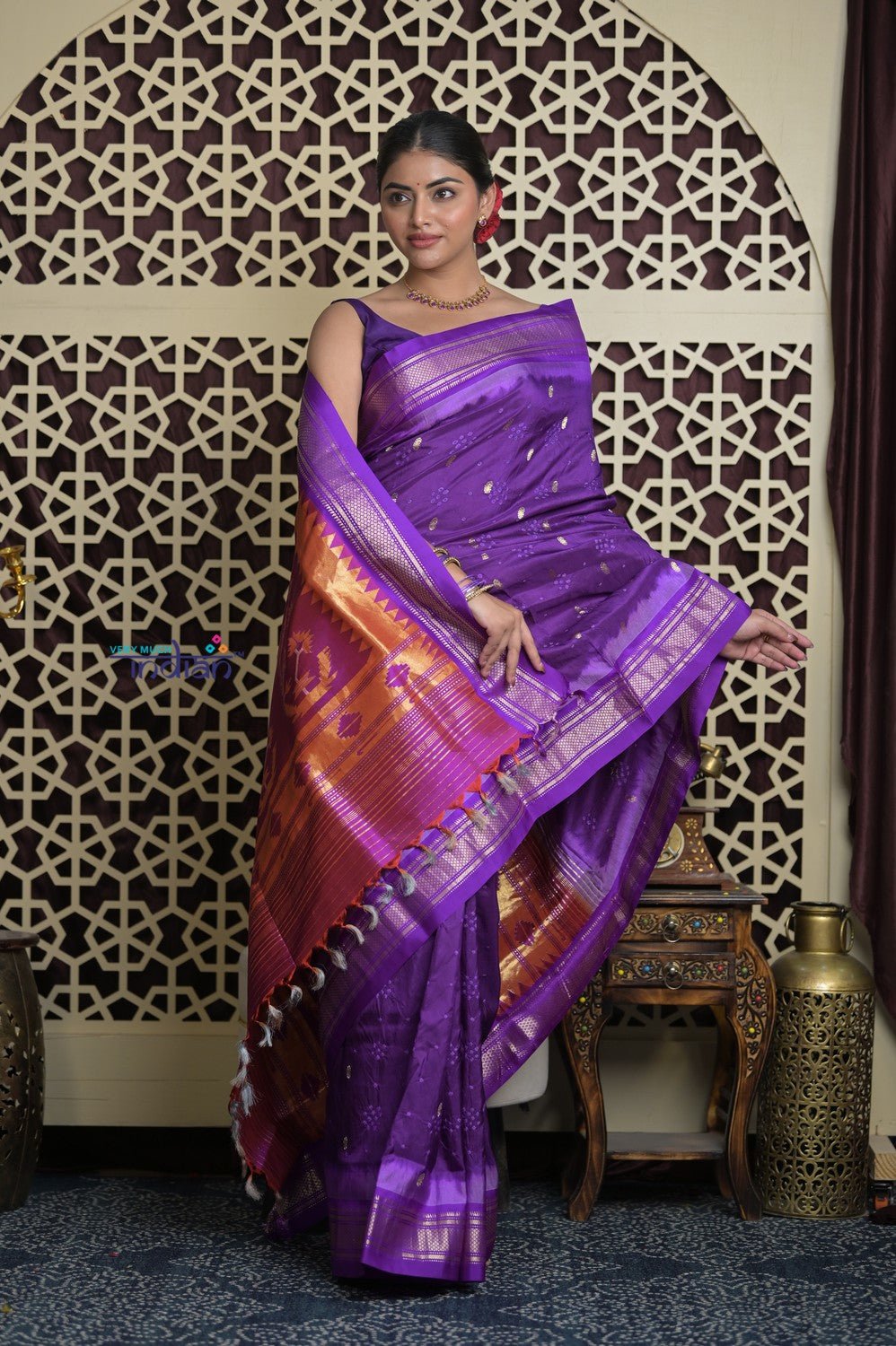 Shubh Lakshmi 2.0 ~ Handloom Pure Silk Paithani with All Over Hand Bandhani in Purple with Asawali Pallu - verymuchindian.com
