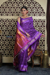 Shubh Lakshmi 2.0 ~ Handloom Pure Silk Paithani with All Over Hand Bandhani in Purple with Asawali Pallu - verymuchindian.com