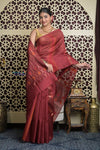 Shubh Lakshmi 2.0 ~ Handloom Pure Silk Soft Saree in Dark Maroon (Silk Mark Certified) - verymuchindian.com